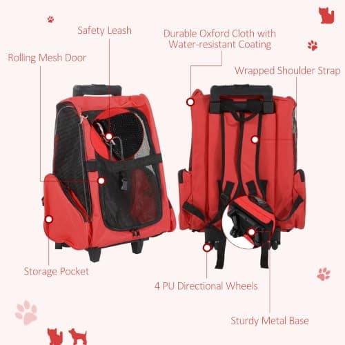 PawHut 2 in 1 Dog Backpack and Trolley Pet Travel Backpack, Red — view 6