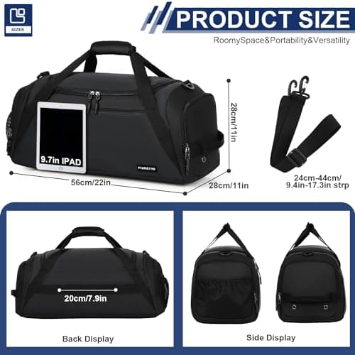 FIORETTO 43L Mens Sports Gym Bag with Wet Pocket & Shoe Compartment, Travel Duffle Bag Overnight Bag with Padded Shoulder Strap, Water-Resistant Holdall for Swimming, Basketball, Football Black — view 2