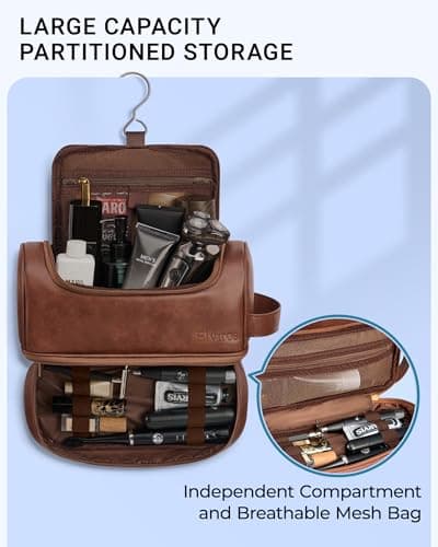Elviros Large PU Hanging Toiletry Bag for Men Double-Layer, Dark Brown — view 3