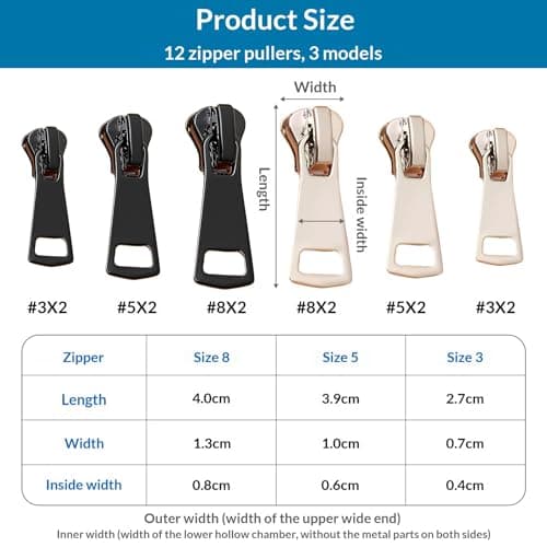 12 Pcs Zip Replacement, Universal #3#5#8 Black and Silver Zip Repair, Stainless Steel Zipper for Jackets, Suitcases, Coats — view 2
