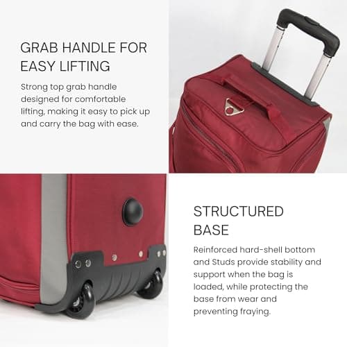 Rocklands® Lightweight Wheeled Holdall Small Duffle Trolley Suitcase Thick Heavy-Duty Cross Nylon EVA-Backed Front, Hard Base Carry On Travel Bag (Small - 20" (H52xW32xD30 cm), Burgundy) — view 6