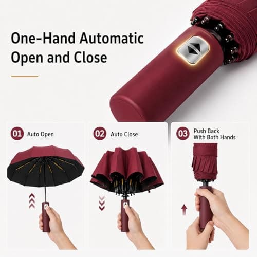 Exquisgoods 24K Sturdy Frame Windproof Umbrella Compact Automatic Travel Umbrella for Women & Men (Red) — view 3