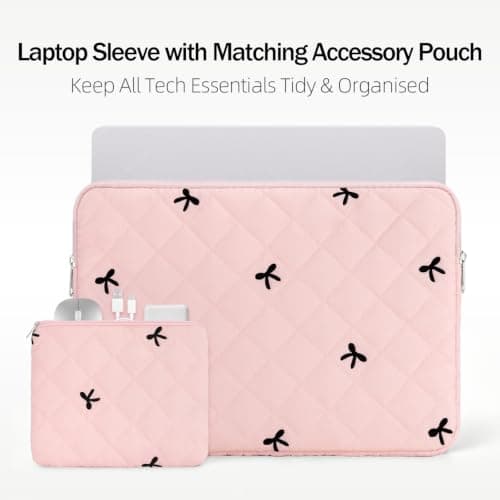 JOOEER 13-14" Laptop Sleeve, Bow Embroidered with Storage Pouch, Pink — view 2