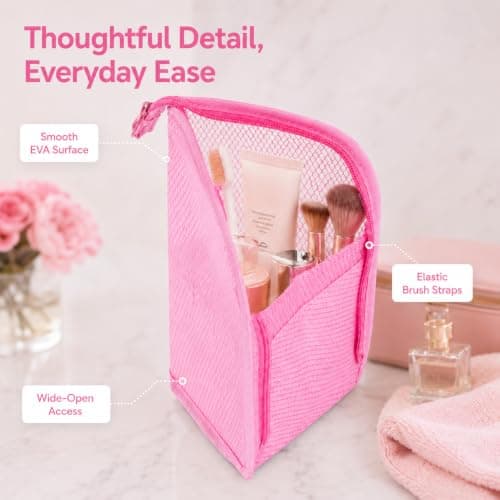 Water Resistant Standing Travel Toiletry Bag - Portable Makeup Organiser with Toothbrush Holder, Inner Compartments & Elastic Straps, Lightweight Foldable Wash Bag (Pink) — view 2