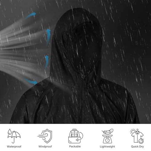 BSBUY Mens Waterproof Jackets Lightweight Rain Jacket Packable Hooded Rain Coats Fast Dry Raincoat Windproof Shell Jacket with Storage Bag and Pocket Solid Color Pullover Top for Travel Hiking Camping — view 5