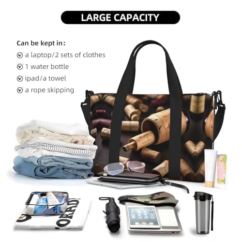 Wine Bottle Cork print Travel Duffel Bag,workout duffel bag, overnight shoulder Bag,Weekender Bag for Women Men, Black, One Size — view 6
