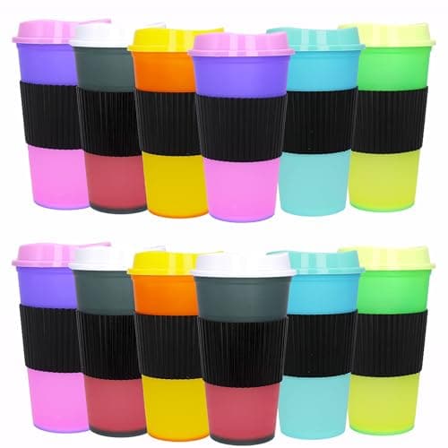 Yisituo 480ml Reusable Coffee Cups with Lids, Plastic Tumblers, 12 Pack Colour Changing Travel Mugs, for Home, Car, Beach, Camping, and Party (12, Colour)