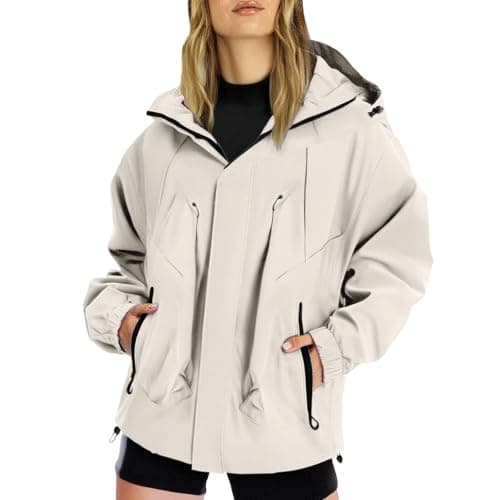 Anbiryeik Womens Lightweight Waterproof Jackets with Hood Pockets Breathable Windproof Raincoat Softshell Packable Windbreaker Zip Up Outerwear Outdoor Travel Fall Hiking Cycling Walking Khaki XL