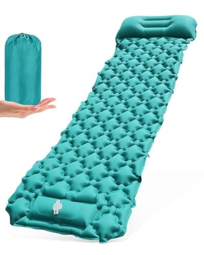 Olutata Ultralight Camping Sleeping Pad with Integrated Foot Pump & Ergonomic Pillow – Compact, Tear-Resistant 40D Nylon Air Mat for Hiking, Backpacking & Travel (Peacock Blue)