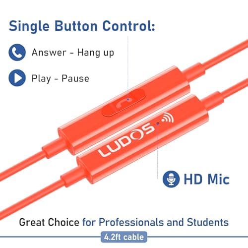 Ludos ZENITH Wired Earbuds in-Ear Headphones, 2 Year Warranty, Earphones with Microphone, Corded for 3.5mm Jack Ear Buds for iPhone, Samsung, Computer, Laptop, Kids, School Students, Woman - Coral — view 4