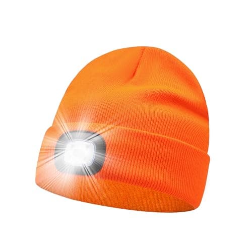 LED Beanie Hat Orange Headlamp Plain Soft Comfortable USB Rechargeable Head Light for Men Women Warm Knitted Winter Woolly Night Running Dog Walker Headwear