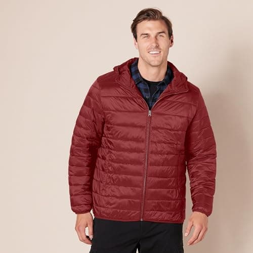 Amazon Essentials Men's Lightweight Water-Resistant Packable Hooded Puffer Jacket, Dark Red, L — view 6