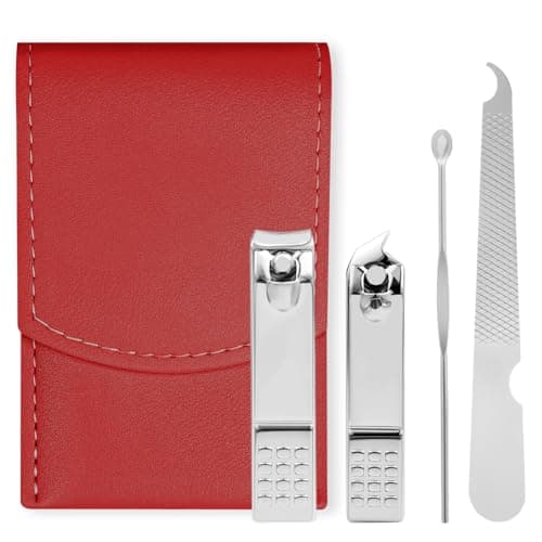 LOPHE Professional Manicure Set, 4pcs Portable Nail Clippers & Eyebrow Grooming Kit, Stainless Steel Nail Care Tools with Luxurious Leather Case for Travel & Home (Red)
