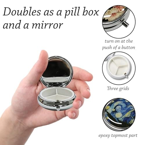 4 Pcs Small Metal Pill Box Set, Portable Pill Case with 3 Compartments for Vitamins Medicines Fish Oil, Cute Roud Dispenser with Mirror for Travel Daily, Moisture Proof Medicine Vitamin Organizer — view 4