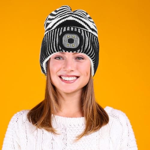 Beaupretty LED Headlamp Beanie Hat with Built-in Light, Black and White Knitted Outdoor Night Running Cap, Unisex Flashlight Knit Hat for Repair and Travel — view 4
