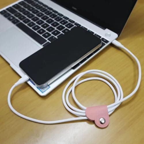 Reusable Cable Tidy Clips Heart Shaped Faux Leather Organisers, 10 Pack Snap Button Cord Holders for Headphones, Charging Cables and USB Wires, Mixed Colours — view 4