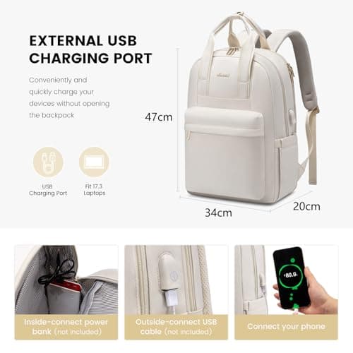 LOVEVOOK Womens Backpack, 17.3 inch Large Laptop Rucksack Bag for Women, Lightweight Ladies Laptop Bag School Bags with USB Port, Fashion Daypacks Back Pack for Uni Office Business Travel, Cream — view 4