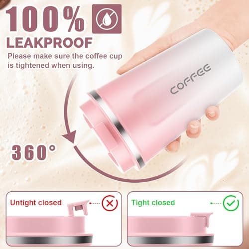 MOMSIV Coffee Cup, 380ml Vacuum Reusable Leakproof Double Wall Coffee Cup, Insulation Stainless Steel Eco-Friendly Travel Office Mug for Hot Coffee Tea and Cold Drinks, Pink — view 4