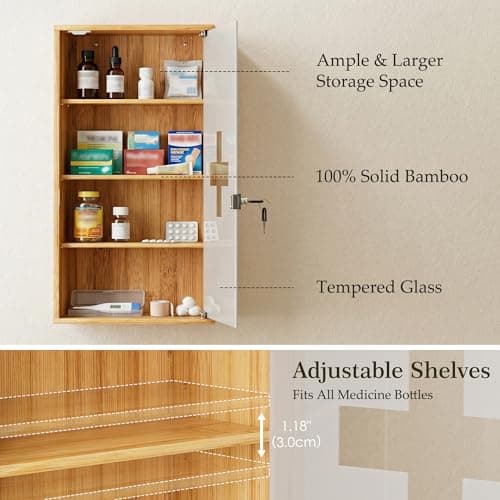 HEYZOEY Bamboo Medicine Cabinet with Lock, Wall Mounted Bathroom Storage Cabinet, Wooden Medicine Organiser for First Aid & Medicine Storage, Adjustable Shelves — view 4