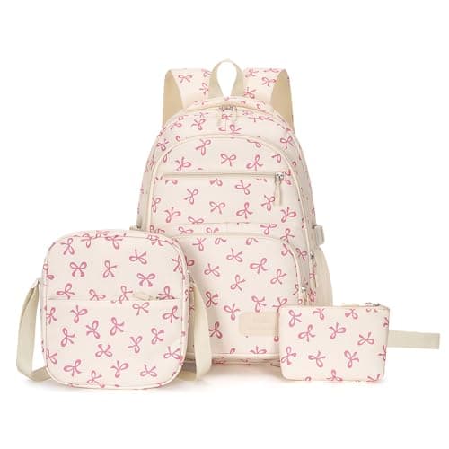 Aucuu Aesthetic School Bag for Girls, 3PCS Bow School Bags, Cute Backpack Sets, School Bag with Crossbody Bag & Wallet, Water Resistant Lightweight Bookbag, Kawaii Rucksack for Teens Girls Boys