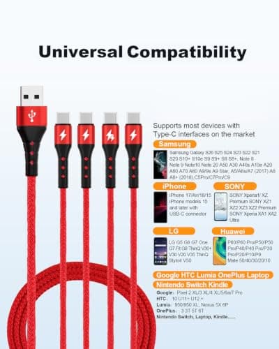 SIQIWO 4 in 1 USB C Charger Cable, 3A Fast Charging Type C Cord 1.2M Red — view 5