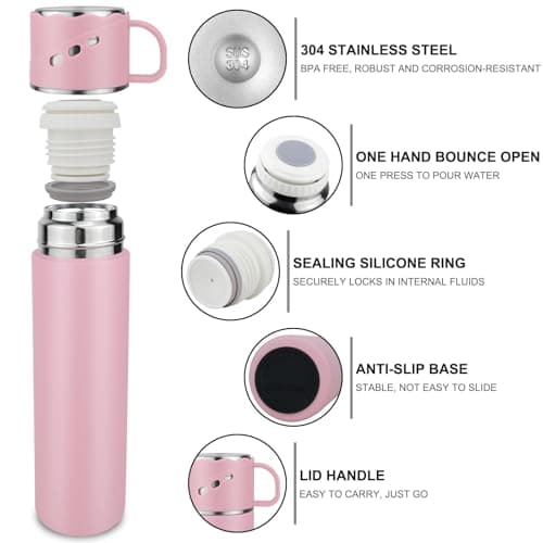 BEIJIE Travel Mug, 550ml Stainless Steel Insulated Hot Water Bottle, Vaccum Thermal Flasks for Hot and Cold Drinks 12h, Metal Water Bottles with Leakproof Cover and Handle, for Kids Men Women - Pink — view 2