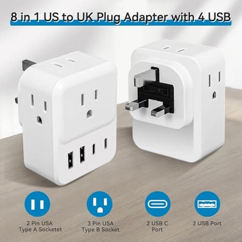 US to UK Plug Adapter,4 Way USA to UK Travel Adaptor with 4 USB(2 USB C) — view 2