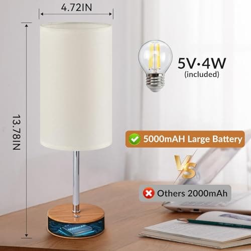 YOIZO Cordless Table Lamp 5000mAh Rechargeable | Battery Operated Lamps with Brightness Memory, Stepless Dimmable, Portable Touch Control Bedside Lamp for Home/Bedroom/Indoor-Outdoor (Wood) — view 6