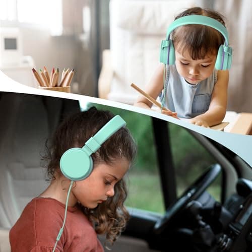Kids Headphones Wired,On-Ear Wired Headphones for School,Safe Volume Limited 85/94dB,HD Mic Stereo Sound Girls Boys Wired Headphone for Kids,Foldable Headset for Travel Computer Plane Tablet (Green) — view 2