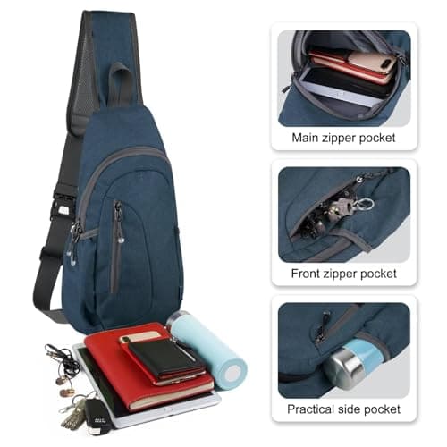 TITECOUGO Canvas Small Sling Bag Lightweight Crossbody Bag for Women Rucksack for Men Running Backpack Travel Chest Pack Shoulder Daypack for Hiking Outdoor Gym Work Sports Dark Blue — view 2
