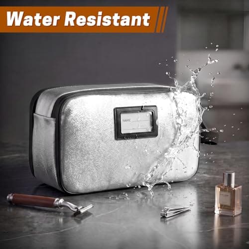 SWISSELITE Leather Toiletry Bag for Men, Water Resistant Dopp Kit for Toiletries Accessories with Wet/Dry Separation, Travel Essentials Shaving Bag Bathroom Organizer for Travel Gym Dorm (Silver, M) — view 3