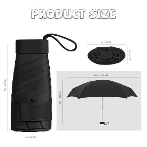 Mini Folding Umbrella, Portable UV Umbrella with Storage Box, 6 Ribs Mini Travel Sturdy Pocket Umbrella, Small Light-Weight Waterproof, Portable Compact Folding Umbrella for Women Men Girls, Black — view 3