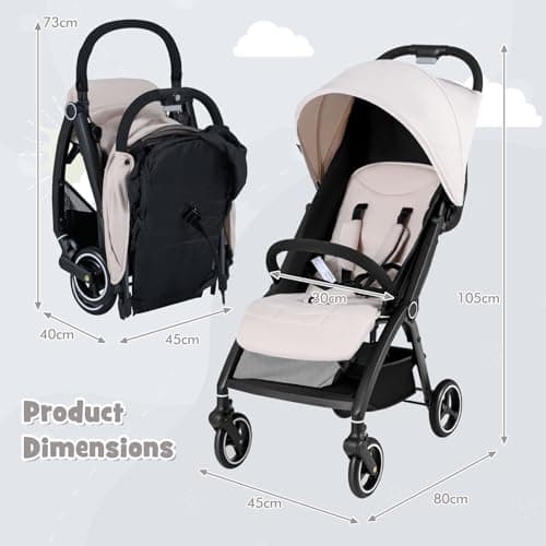 COSTWAY Baby Pushchair, One Hand Foldable Toddler Stroller with Adjustable Backrest & Canopy, 5-Point Harness, Storage Basket, Lightweight Travel Pram for Infants 0-36 Months (Beige) — view 6