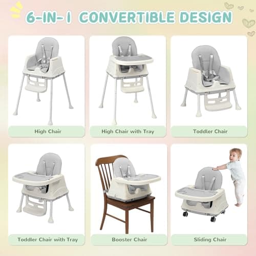 LALAHO 3-in-1 Baby High Chair W/ 5-Point Harness and Locking Wheels, Grey — view 2