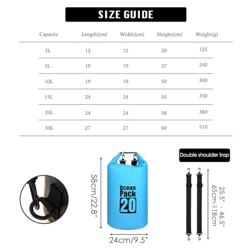 MORAINJAY 20L Sky Blue Dry Bag,Waterproof Bag with Double Adjustable Shoulder Strap,Large Capacity Dry Sack 2L 5L 10L 15L 20L 30L for Outdoor Camping,Rafting,Swimming,Boating,Surfing — view 2