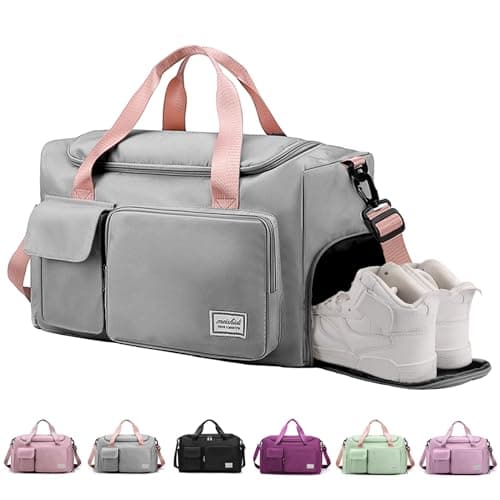 RainFlowwer Travel Duffel Bag Women Men,Sports Gym Bag with Shoes Compartment,Waterproof Travel Bag Overnight Bag with Dry Wet Separated Pocket,Carry Luggage Bag Weekender,Sports,Gym,Travel(Grey&Pink)