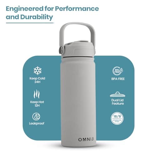 OMNIA NUTRIENTS Vacuum Insulated Stainless Steel Water Bottle, 2 Lids (Straw & Spout) Leakproof, BPA-Free, Reusable Flask Ideal for Travel and Outdoors (Stone Grey - 540 ml) — view 2