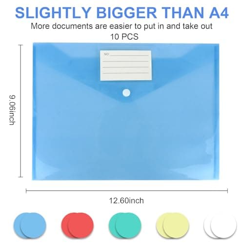 Wanciler 10 Pack A4 Waterproof Plastic Wallets A4 Document File Folders with Label Pocket and Button Storage for Office Home School Travel Supplies (5 Colours) — view 2