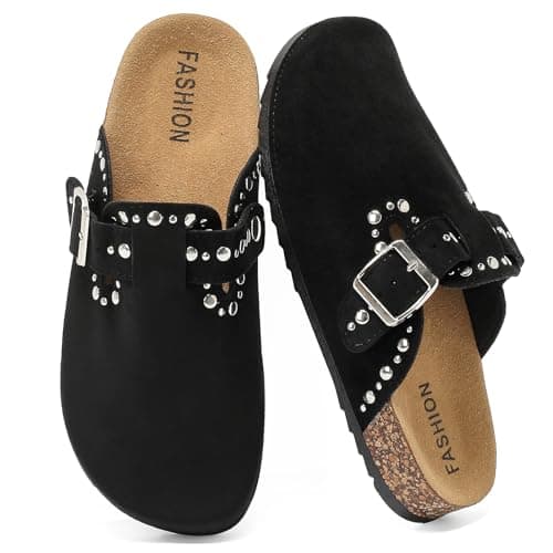 YorFotMae Suede Clogs Men Women, Cork Footbed Sandals with Buckle, Black