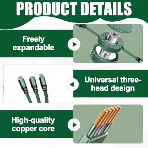 1.2m 100W Retractable Multi Charger Cable 3 in 1, Travel Charger Cable with Fast Charging USB C Port, 6A Charging Cables for Multiple Devices with iPhone Android MacBook, Green Tangle-Free Cord — view 3