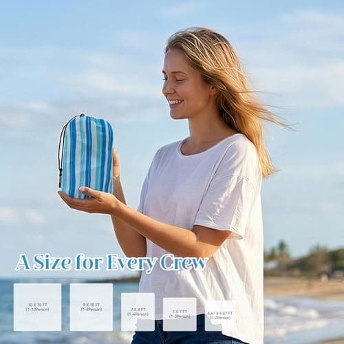 Beach Blanket Sandproof Waterproof, 213 x 213 cm Large Beach Mat with Stakes & Travel Bag, Lightweight,Quick-Dry, Portable Picnic Mat Beach Essentials for Outdoors,Cruise,Picnic & Camping, Ocean Wave — view 6