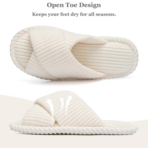 GOEWY Slippers for Women Memory Foam House Bedroom Corduroy Crossbands Open Toe Slides Sandals Shoes Comfy Trendy Gift for womens Anti-Skid sole, Beige, 5/6 UK — view 5
