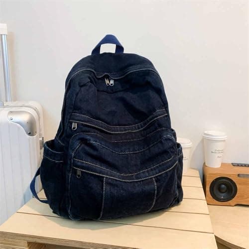 GAMLFL Canvas Backpack for Women Retro Aesthetic Rucksack Basic Backpack for High School/College Students Travel Laptop Bag, Dark Denim, 5.6 x 13.3 x 16.2 inches, Travel Backpacks — view 5