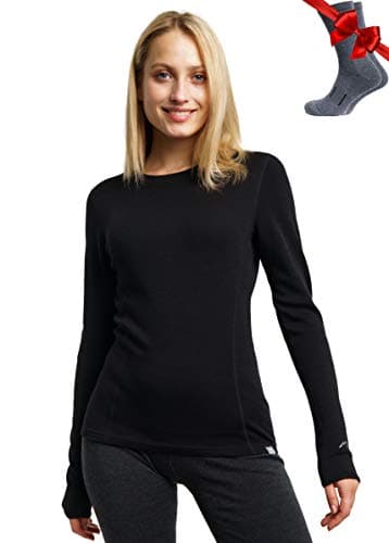 100% Merino Wool Base Layer Womens - Long Sleeve Thermal Shirts + Socks (Small, Black 250)