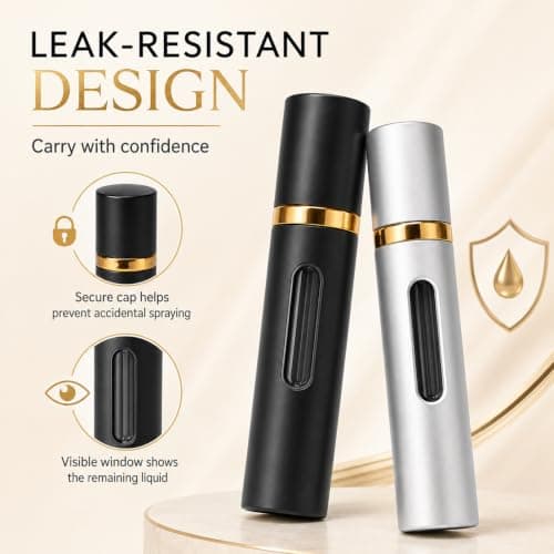 Muexoee Perfume Atomiser Refillable 8ml – 2 Pack Travel Perfume Bottle with Visible Window, Leak-Proof Fine Mist Spray, Bottom-Filling Portable Atomiser for Hand Luggage (Black & Silver) — view 5