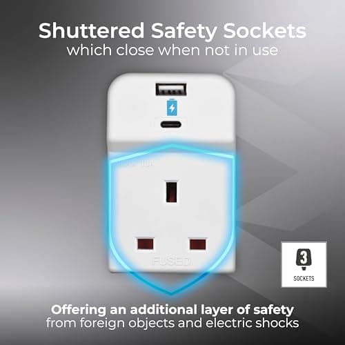 Masterplug Three Socket Fused Wall Plug Adaptor with USB A & C Charging Ports, White, 13A, 10.5W, 3G, A3UAC10 — view 2