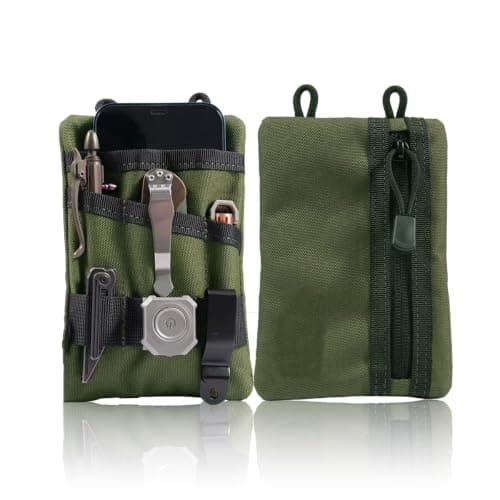 Fits Large Phone with Case EDC Pouch Pocket Organiser, Waxed Canvas Small Tool Belt Waist Pouch, Green Multipurpose Utility Gear Pocket Bag for Heavy Duty Multitool Flashlight Pen with Carabiner — view 2