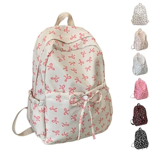 Cute Bow Preppy Backpack for Teen Girls, Lightweight Girly Aesthetic Daypack with Small Makeup Bag, Ideal for Back to School, College, Daily Travel (Light Pink)