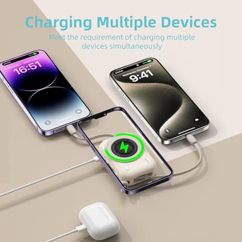 ZOPIN ffor Magsafe Power Bank 10000mAh Magnetic Wireless Power Bank, Portable Charger with Built-in USB-C Cable – 15W Charging Battery Pack for iPhone 17/16/15/14/13/12 Series & Smart Watch, Beige — view 5