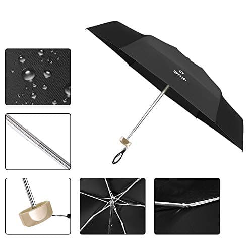 Vicloon Mini Umbrella, Pocket Umbrella （Black） with Golden Handle, 210T Black Rubber Cloth & 6 Aluminum Alloy Ribs, Foldable Compact Travel Umbrella, UPF>50+ UV Resistance — view 6